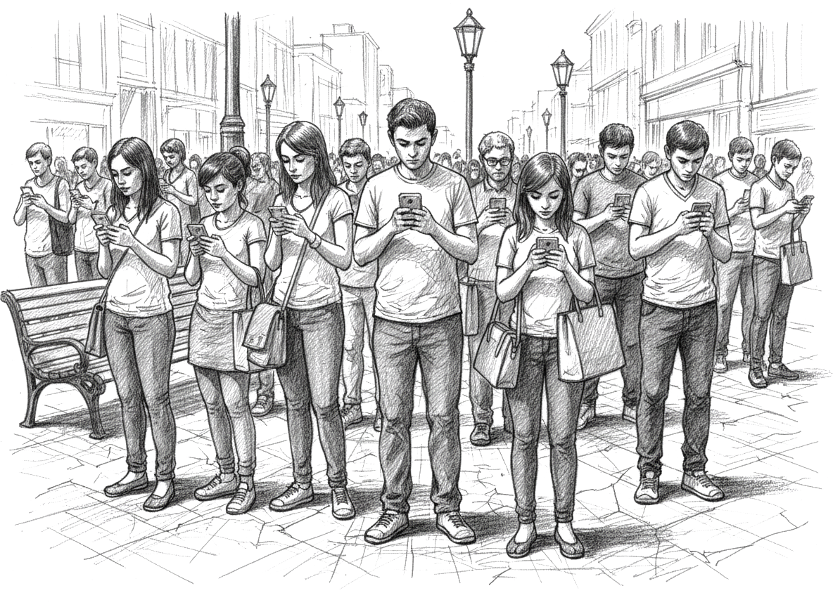 Grupa młodych ludzi idzie ulicą miasta, wszyscy patrzą w swoje smartfony, nie zwracając uwagi na otoczenie.