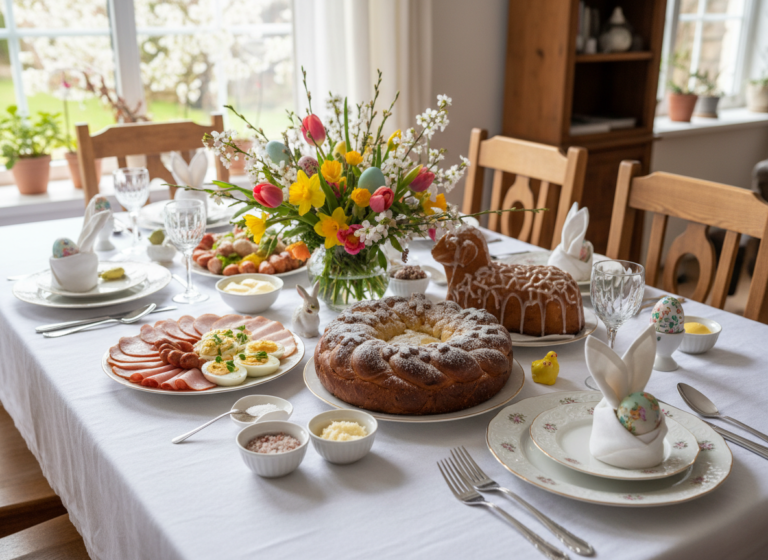 Świąteczny stół wielkanocny z babką, mazurkiem w kształcie baranka, jajkami, wędlinami i wiosennym bukietem tulipanów.