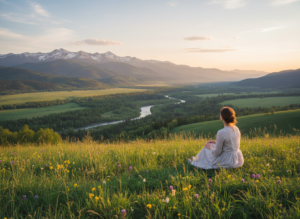 Kobieta siedzi na łące i patrzy na górski krajobraz z wijącą się rzeką o zachodzie słońca.