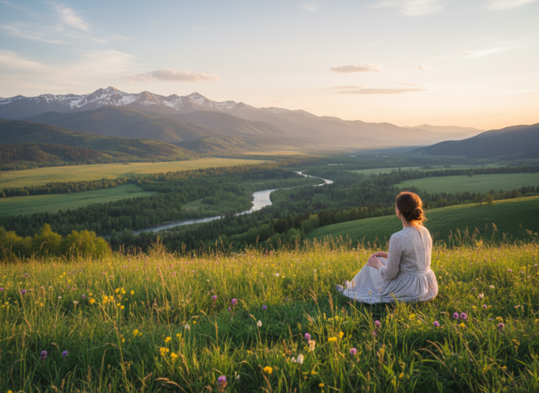 Kobieta siedzi na łące i patrzy na górski krajobraz z wijącą się rzeką o zachodzie słońca.