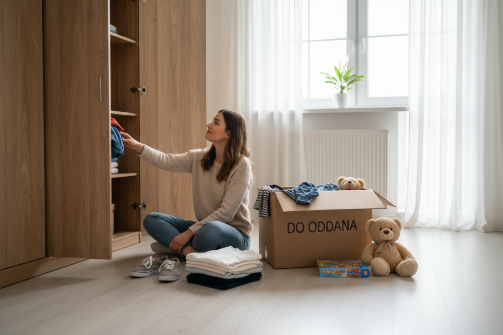 Kobieta porządkuje szafę, odkłada ubrania i pakuje rzeczy do kartonu z napisem „Do oddania”.