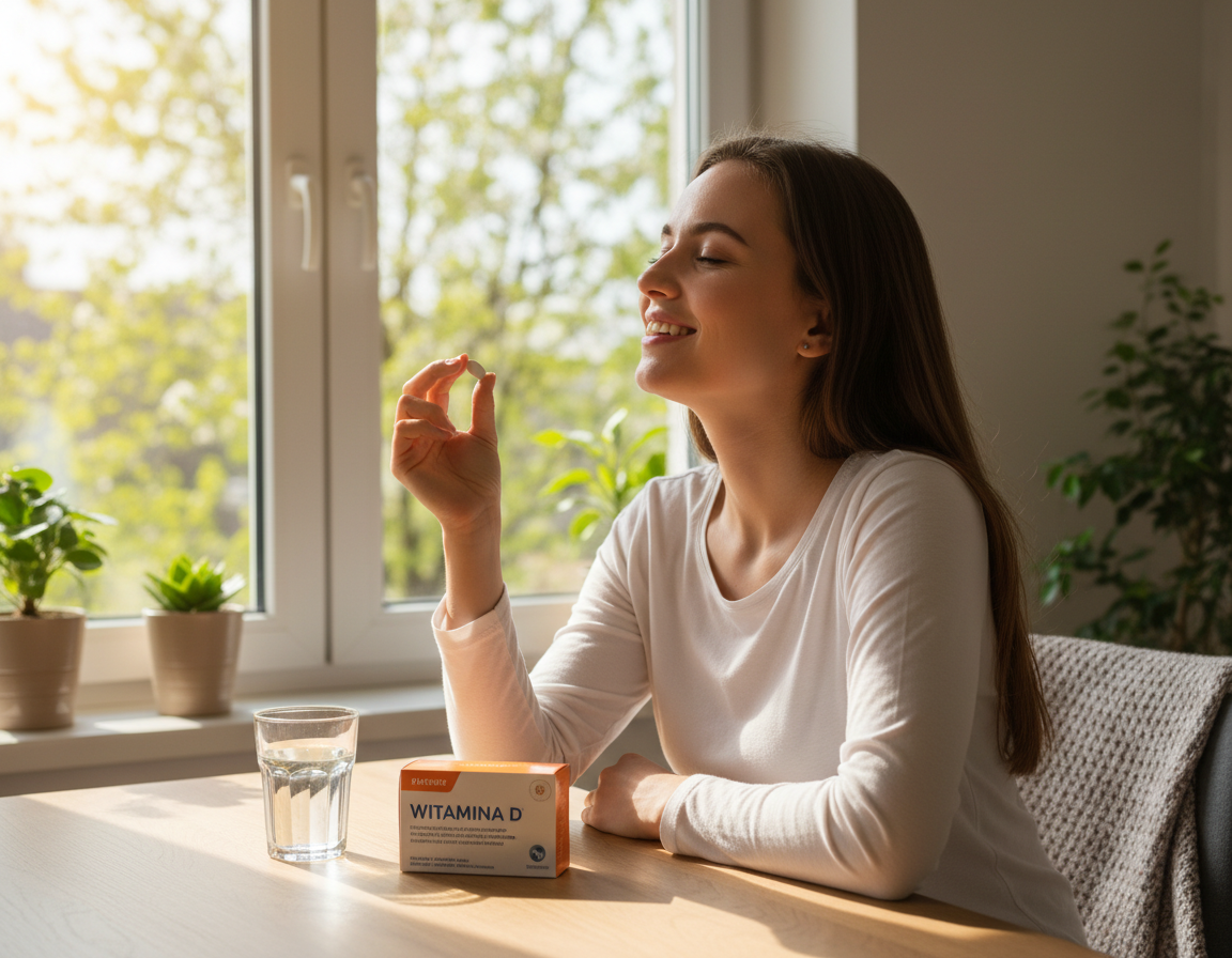 Kobieta siedzi przy oknie w słoneczny dzień i trzyma kapsułkę witaminy D, obok stoi szklanka wody i opakowanie suplementu.