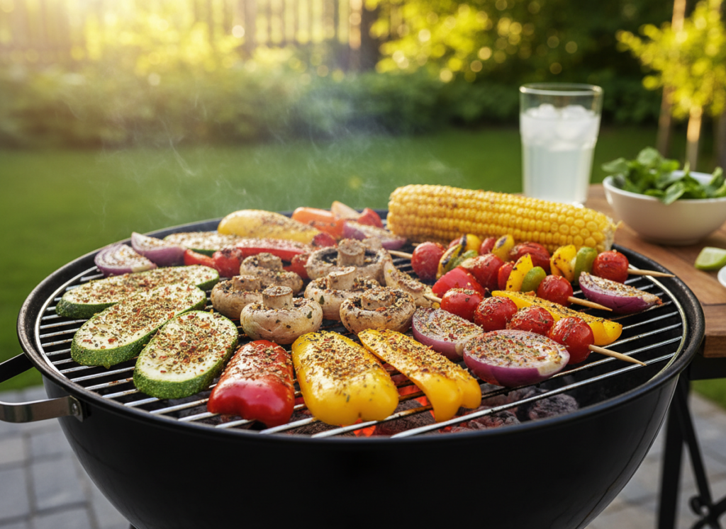 Kolorowe warzywa grillują się na ruszcie w ogrodzie – cukinia, papryka, pieczarki, cebula i kukurydza tworzą przykład lekkiego, letniego posiłku.