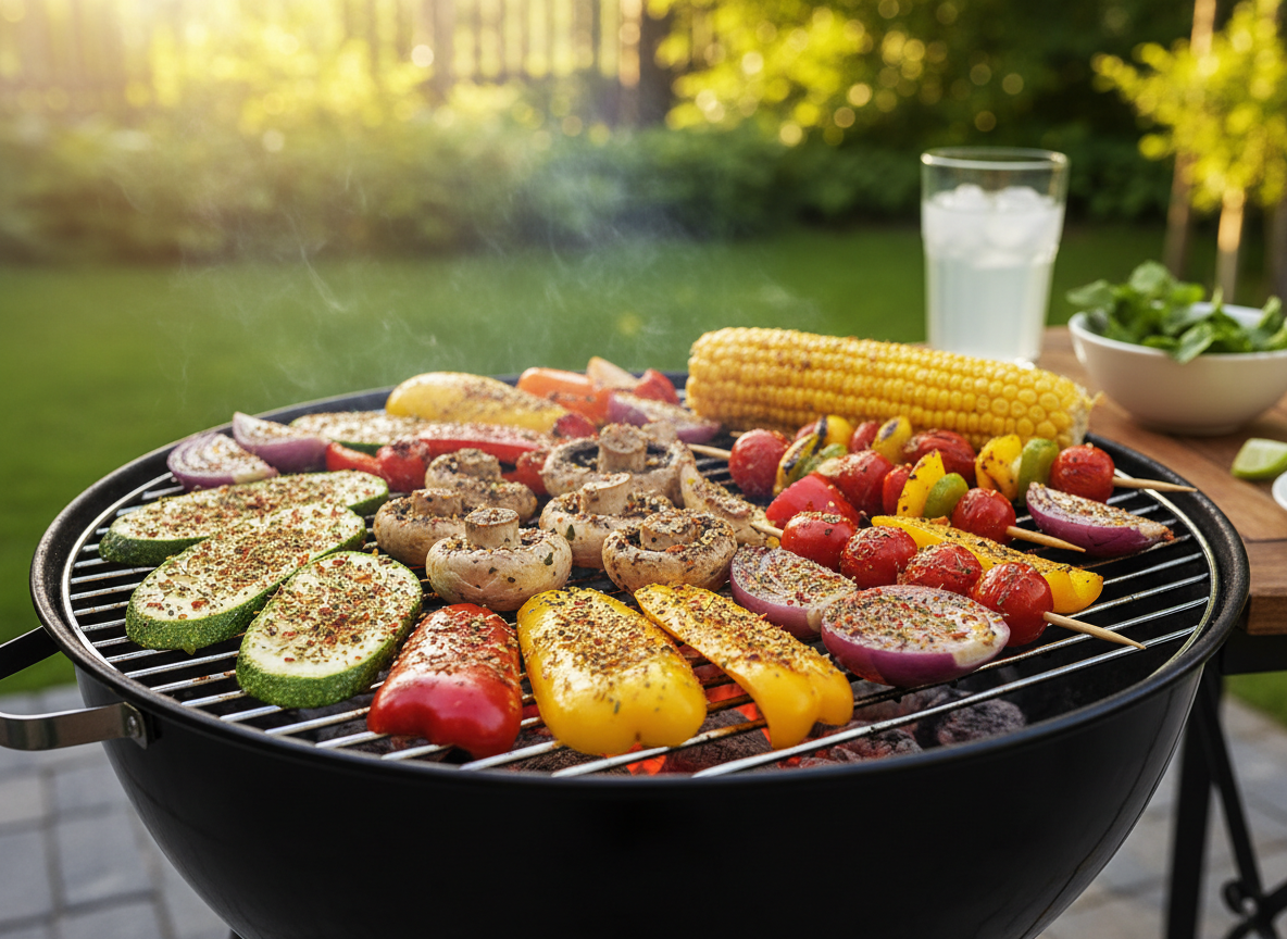 Kolorowe warzywa grillują się na ruszcie w ogrodzie – cukinia, papryka, pieczarki, cebula i kukurydza tworzą przykład lekkiego, letniego posiłku.